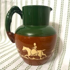 VTG Langley Ware Pottery 1 Quart Pitcher with Handle - Equestrian Hunt Scene